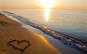 Sand beach, sea, sunset, love heart shaped HD wallpaper
