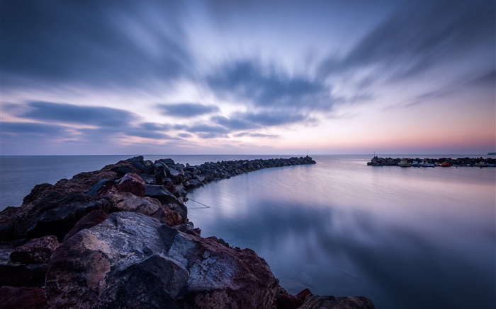 Sea, stones, coast, clouds, evening Wallpapers Pictures Photos Images