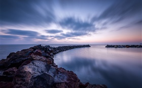 Sea, stones, coast, clouds, evening