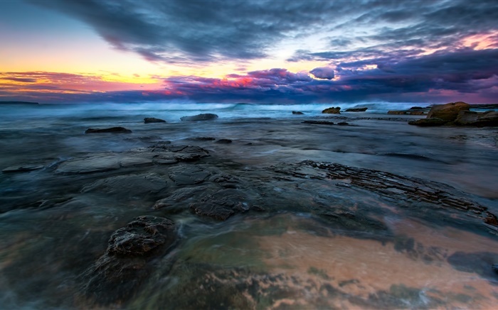 Sea, water, stones, clouds, sunset Wallpapers Pictures Photos Images