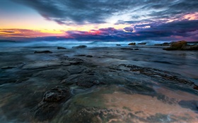 Sea, water, stones, clouds, sunset HD wallpaper