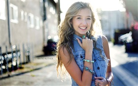 Smile blonde girl, blue jeans dress
