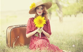 Smile blonde girl, posture, holding a sunflower, smile HD wallpaper