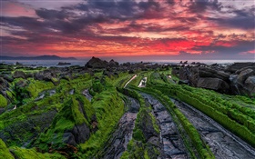 Spain, coast, beach, rocks, evening, sunset, red sky HD wallpaper