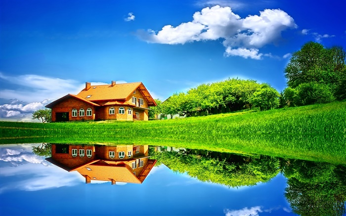 Summer, lake, house, trees, grass, water reflection Wallpapers Pictures Photos Images
