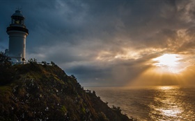 Sunset, clouds, lighthouse, coast HD wallpaper