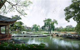 3D design, park, lake, pavilion, trees, bridge HD wallpaper