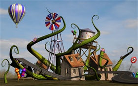 3D home, house, windmill, road, balloon HD wallpaper