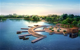3D park design, render, pier, boats, trees, lake