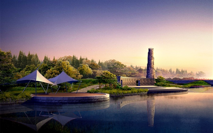 3D render, lake, trees, resort, dusk Wallpapers Pictures Photos Images