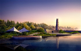 3D render, lake, trees, resort, dusk HD wallpaper