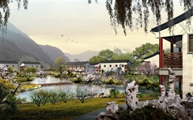 3D render, park, pond, house, pavilion HD wallpaper