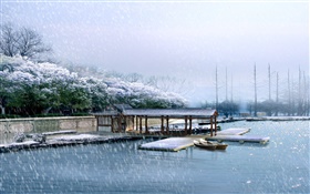 3D render scenery, dock, winter, snow, trees, river HD wallpaper