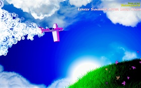 Aircraft, clouds, grass, flowers, sun, creative design HD wallpaper