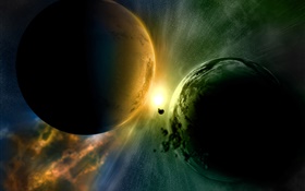An imminent collision of two planets, light HD wallpaper