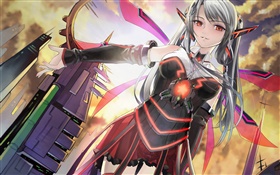 Anime girl, wings, city