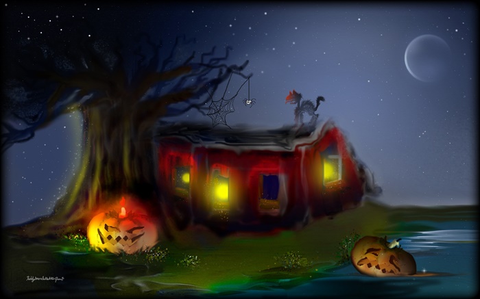 Art painting, Halloween, pumpkins, spider, cat, tree, moon Wallpapers Pictures Photos Images