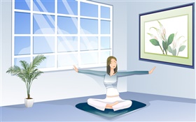 Asian girl doing yoga, window, room, vector pictures HD wallpaper