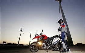 BMW R1200 GS motorcycle, drivers, sunset, windmills HD wallpaper
