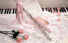 Ballet shoes, flute, pink roses, musical scores HD wallpaper