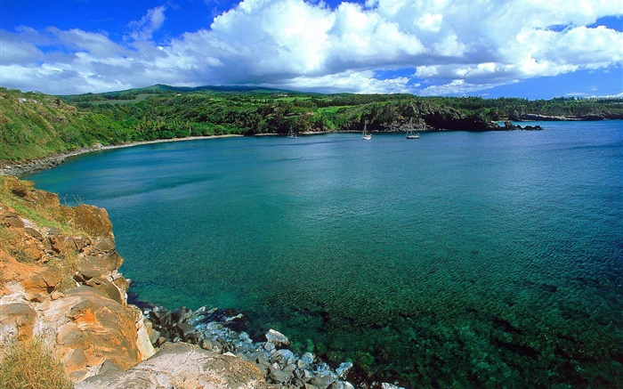 Bay, blue sea, yacht, coast, clouds, Hawaii, USA Wallpapers Pictures Photos Images