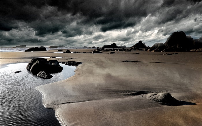 Beach, stones, coast, sea, cloudy sky Wallpapers Pictures Photos Images