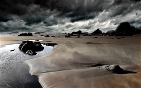 Beach, stones, coast, sea, cloudy sky HD wallpaper