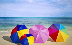 Beach, umbrellas, colorful, summer HD wallpaper