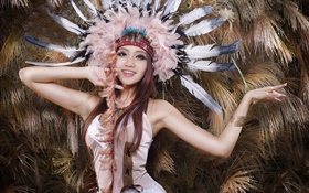 Beautiful Indian girl, smile, feathers hat HD wallpaper