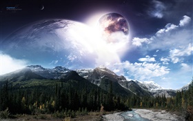 Beautiful art landscape, planets, space, mountains, river, trees HD wallpaper