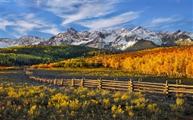 Beautiful autumn landscape, mountains, forest, fence