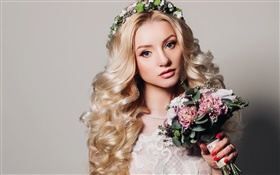 Beautiful blonde girl, curls, bouquet flowers, wreath HD wallpaper