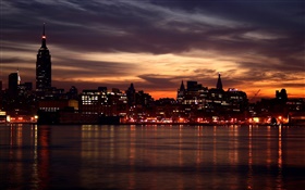 Beautiful city night, houses, river, lights, sunset, red sky