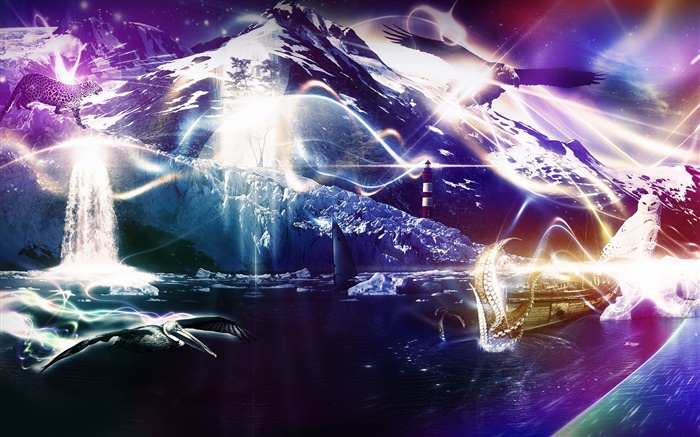 Beautiful dream world, sea, snowy, owl, eagle, mountain, ship, creative Wallpapers Pictures Photos Images