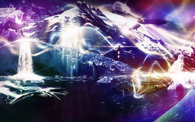 Beautiful dream world, sea, snowy, owl, eagle, mountain, ship, creative HD wallpaper