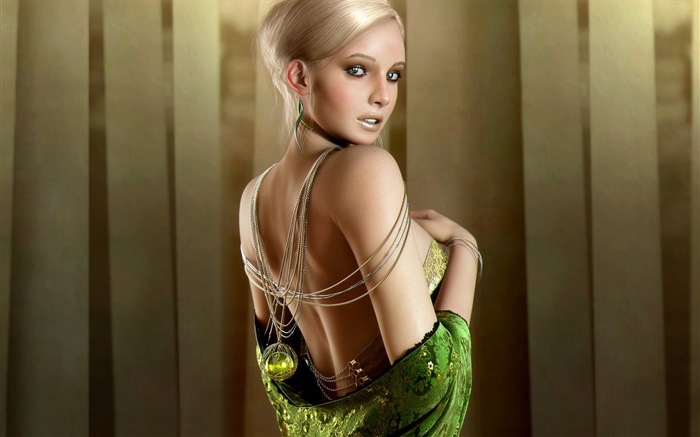 Beautiful fantasy girl, blonde, green eyes, look back Wallpapers Pictures Photos Images