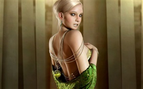Beautiful fantasy girl, blonde, green eyes, look back HD wallpaper