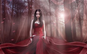 Beautiful fantasy girl, red dress, forest, sun HD wallpaper