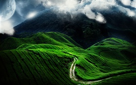 Beautiful landscape, green hill, road, clouds HD wallpaper