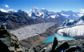 Beautiful landscape, mountains, river, snow