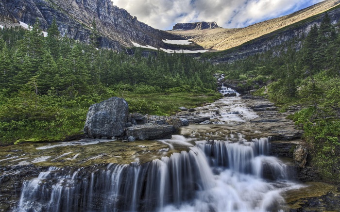 Beautiful nature, creek, trees, mountain, slope, clouds Wallpapers Pictures Photos Images