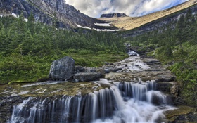 Beautiful nature, creek, trees, mountain, slope, clouds HD wallpaper
