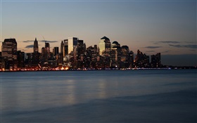 Beautiful night city, skyscrapers, river, lights HD wallpaper