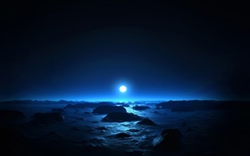 Beautiful night, sea, coast, moon, blue style HD wallpaper
