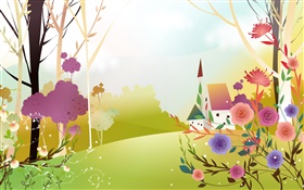Beautiful spring, flowers, trees, sun, house, vector design HD wallpaper