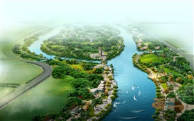 Beautiful top view the park, river, grass, trees, birds, 3D render design