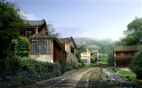 Beautiful village, houses, road, stones, fog, 3D render design HD wallpaper