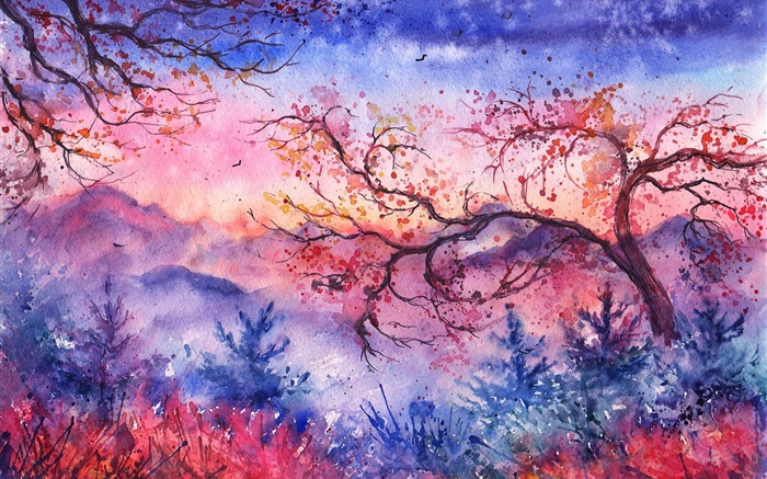 Beautiful watercolor painting, evening, trees, mountains, red style Wallpapers Pictures Photos Images
