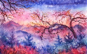 Beautiful watercolor painting, evening, trees, mountains, red style HD wallpaper