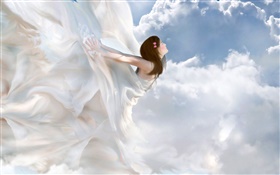 Beautiful white dress angel, fantasy girl, clouds